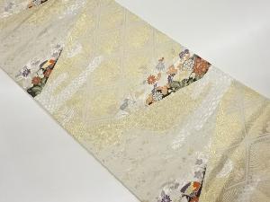 斜線に霞・草花模様織出し袋帯